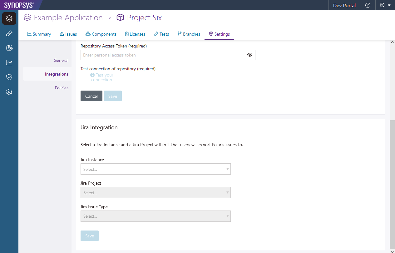 A screenshot that shows how to select the Jira instance, project, and issue type by using the dropdowns.