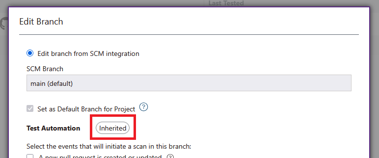 Screenshot of the Event-based Test Automation settings for a branch.