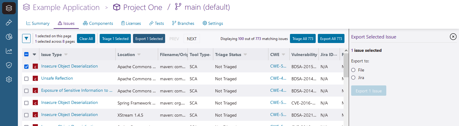 Screenshot of the Issues tab with controls for exporting to Jira at right.