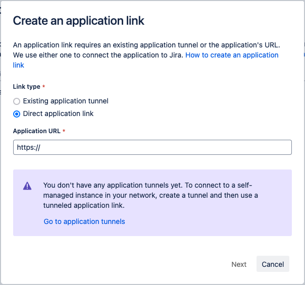 A screenshot of the Create an application link window in Jira.