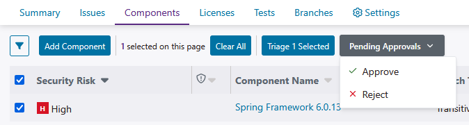 Screenshot of the approval menu used for multiple components.