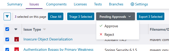 Screenshot of the approval menu used for multiple issues.